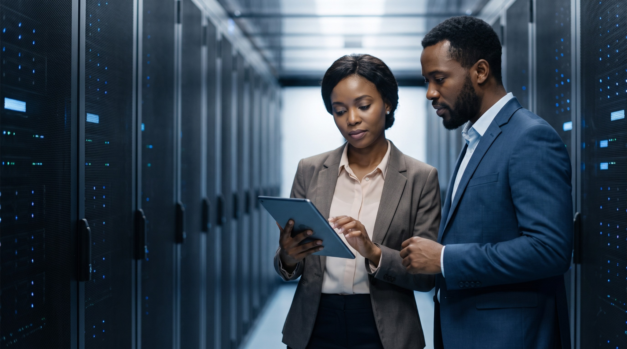 Two African business professionals reviewing AI readiness data on a tablet in a data centre